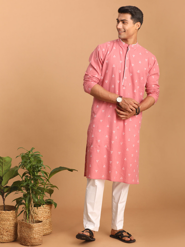 Men's Pink Geometric Booti Jacquard Kurta With White Pant Set