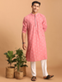 Men's Pink Geometric Booti Jacquard Kurta With White Pant Set