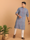 Men's Indigo Printed Cotton Kurta With White Pant Set