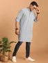 Men's White And Blue Geometrical Striped Printed Curved Kurta