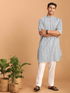 Men's White And Blue Geometrical Striped Printed Curved Kurta With White Pant Set