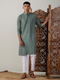 Men's Green Cotton Jacquard Kurta With White Pant Set