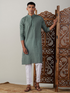 Men's Green Cotton Jacquard Kurta With White Pant Set