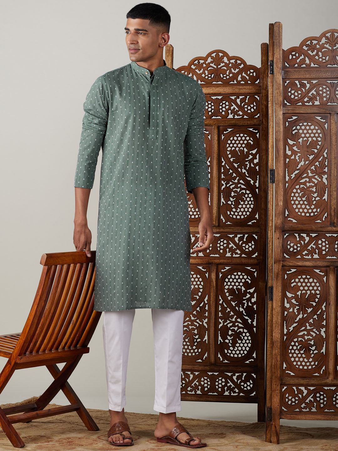Men's Green Cotton Jacquard Kurta With White Pant Set