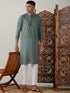 Men's Green Cotton Jacquard Kurta With White Pant Set
