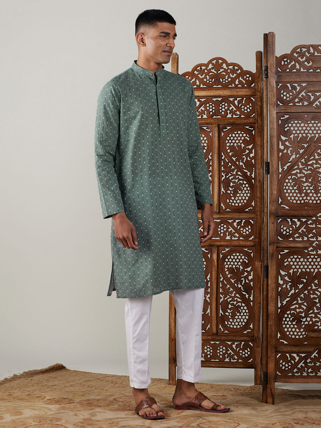 Men's Green Cotton Jacquard Kurta With White Pant Set
