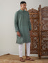 Men's Green Cotton Jacquard Kurta With White Pant Set