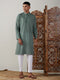 Men's Green Cotton Jacquard Kurta With White Pant Set