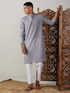 Men's Grey Cotton Jacquard Kurta With White Pant Set