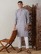 Men's Grey Cotton Jacquard Kurta With White Pant Set