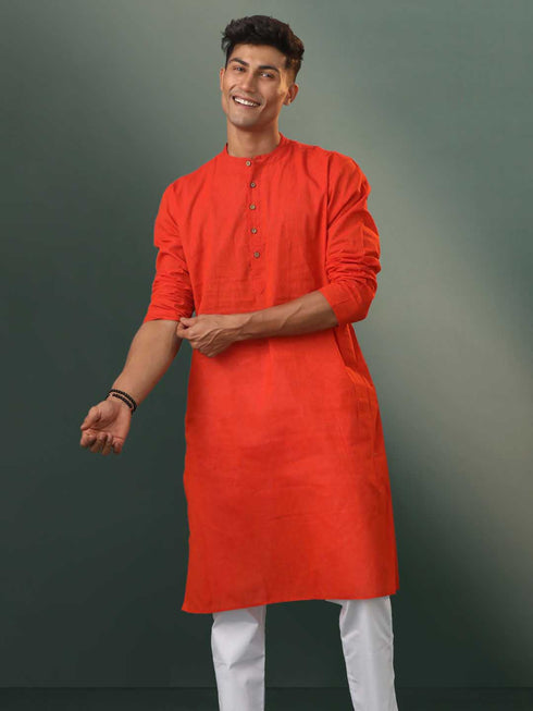 Men's Red Pure Cotton Handloom Kurta