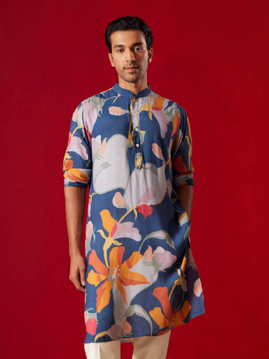 Men's Multicolor Base Blue Cotton Printed Kurta