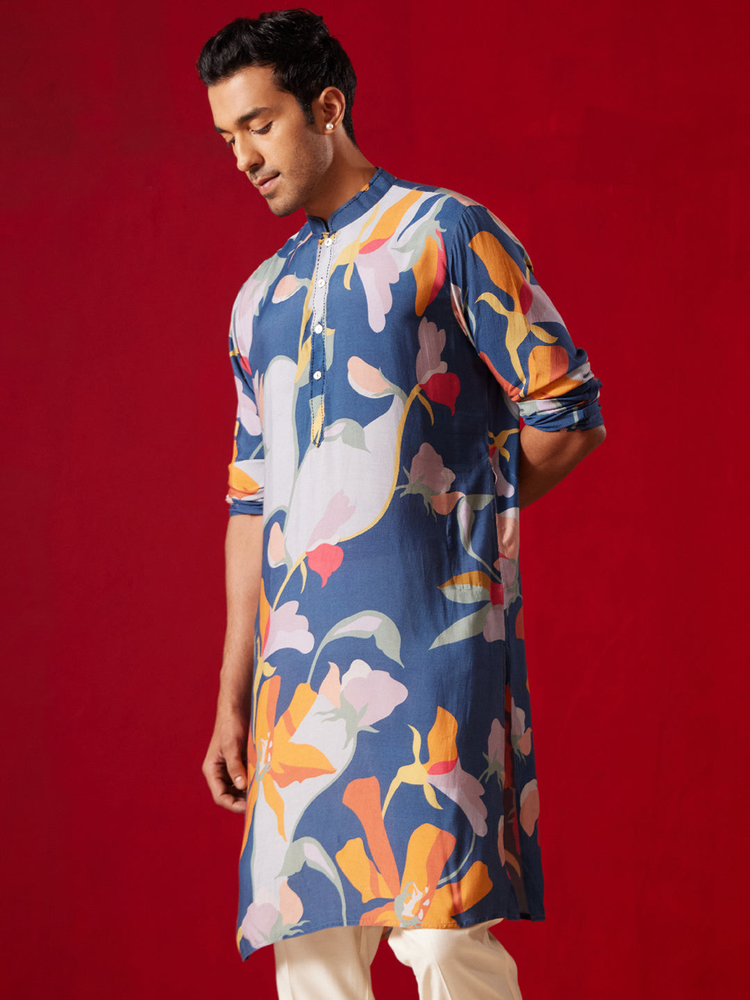 Men's Multicolor Base Blue Cotton Printed Kurta