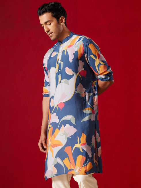 Men's Multicolor Base Blue Cotton Printed Kurta