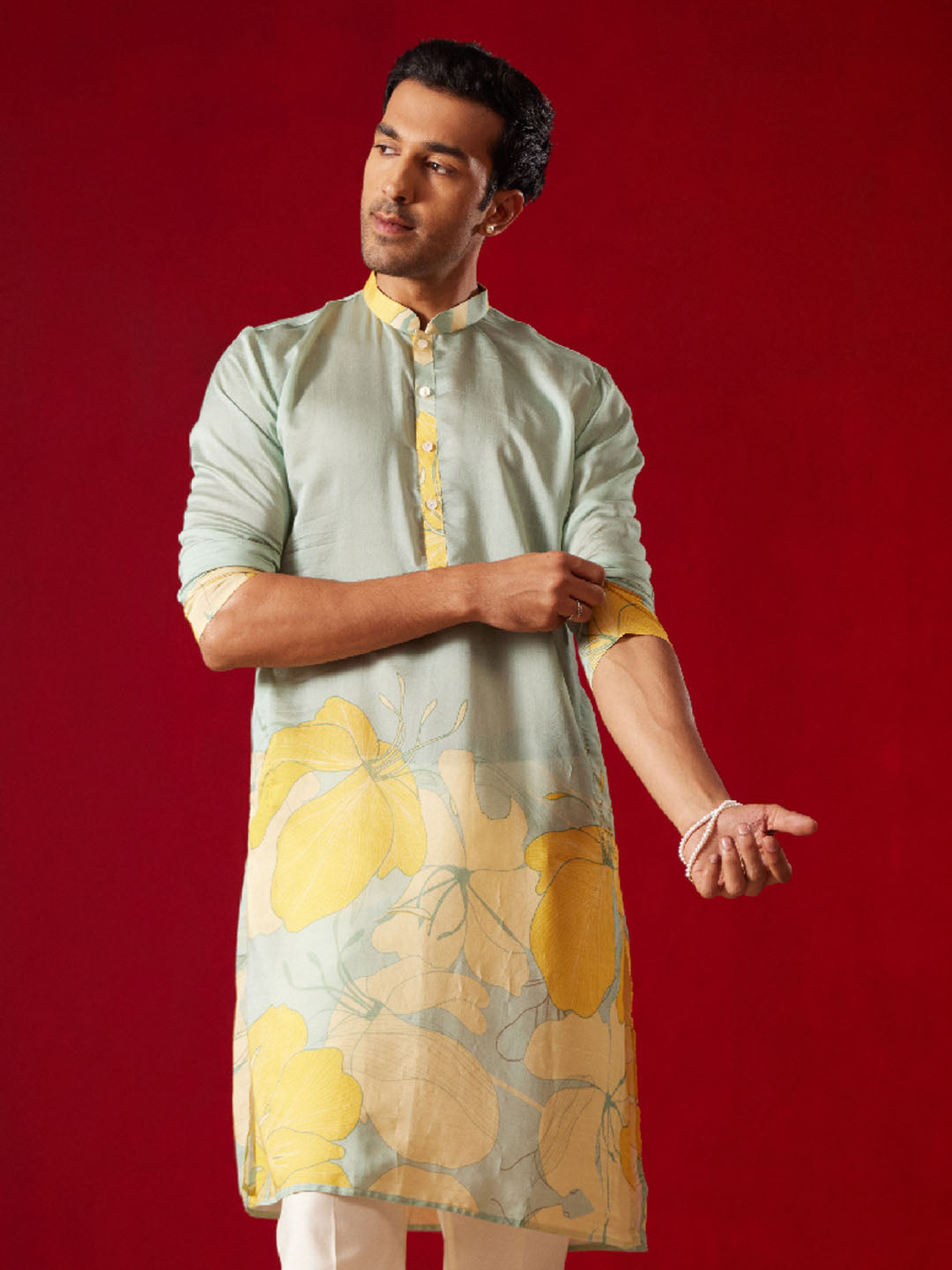 Men's Multicolor Base Yellow Cotton Printed Kurta