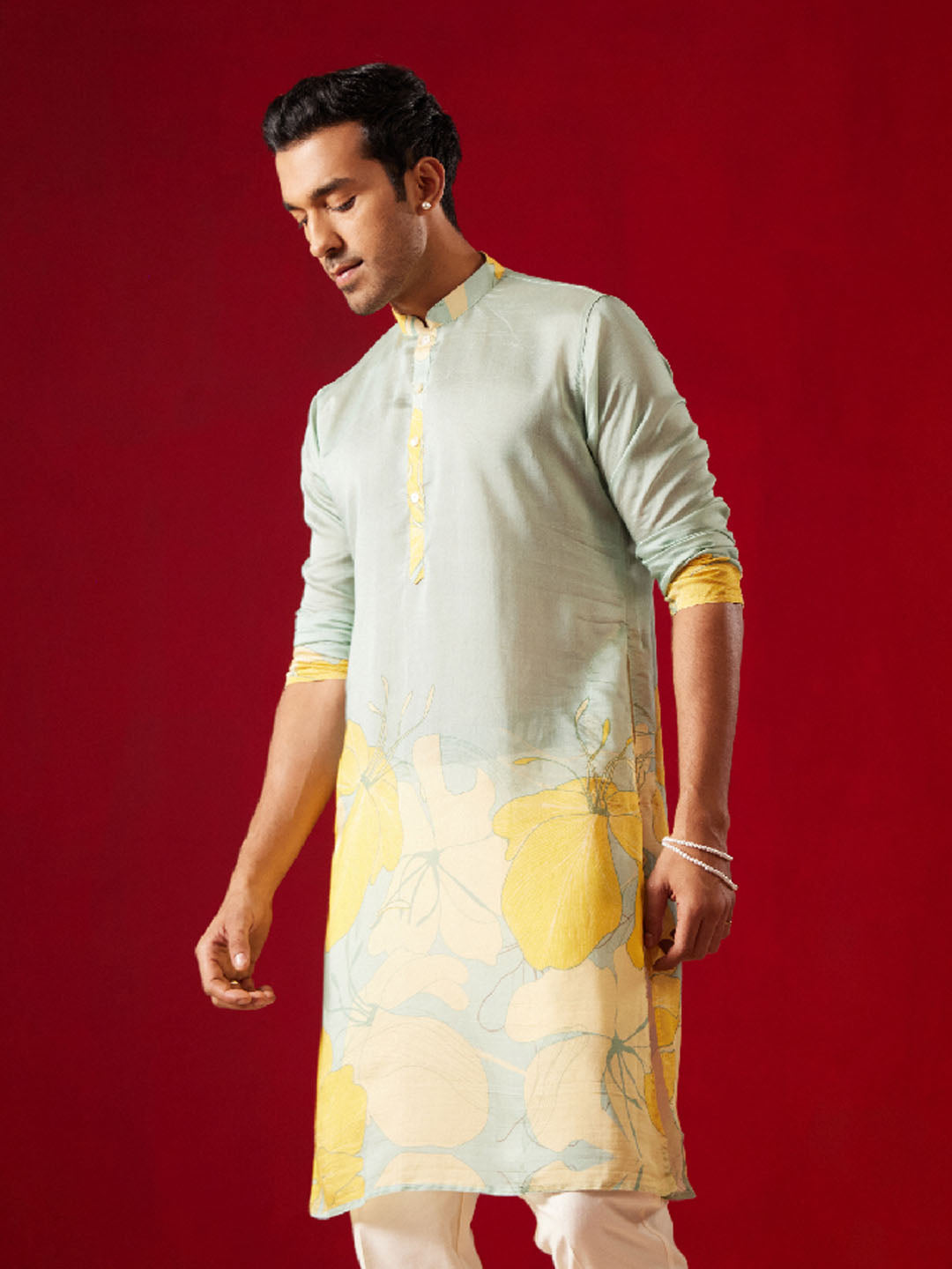 Men's Multicolor Base Yellow Cotton Printed Kurta
