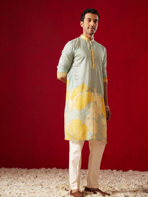 Men's Multicolor Base Yellow Cotton Printed Kurta