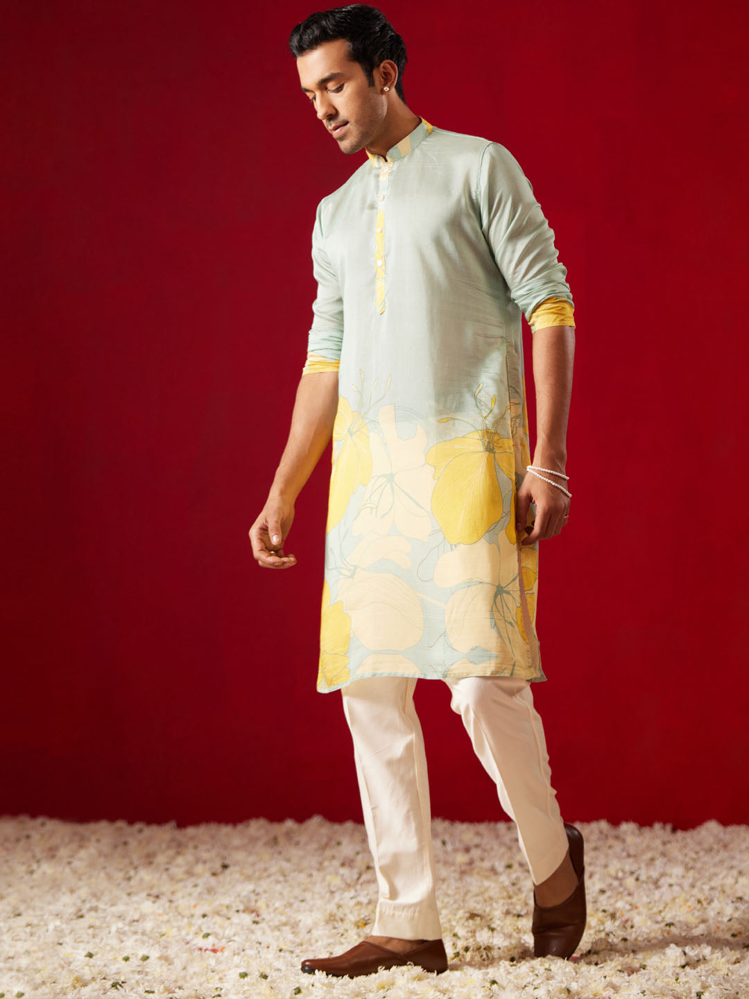 Men's Multicolor Base Yellow Cotton Printed Kurta Pant Set