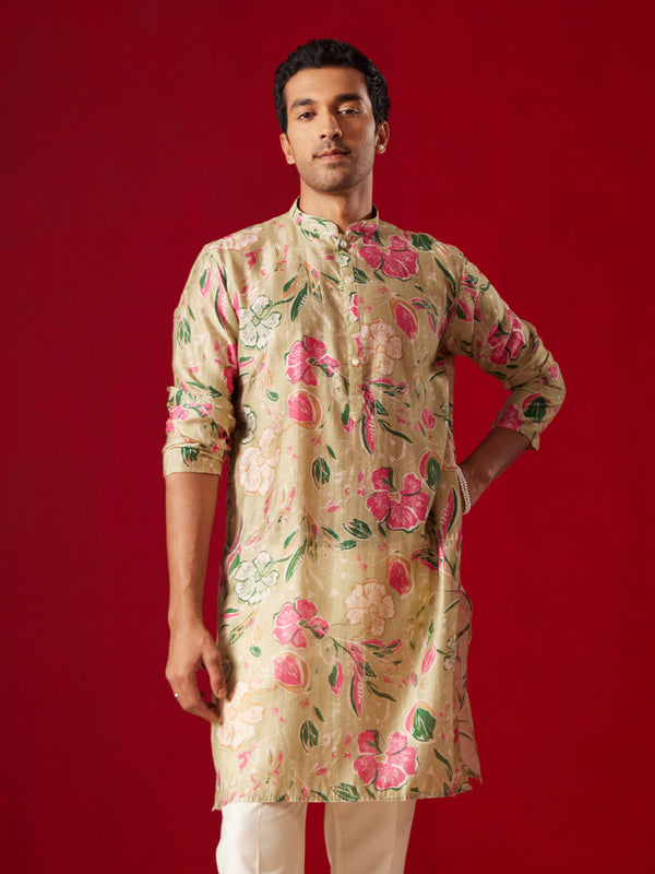 Men's Multicolor Base Beige Cotton Printed Kurta