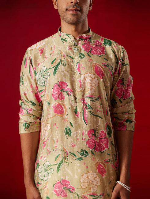 Men's Multicolor Base Beige Cotton Printed Kurta