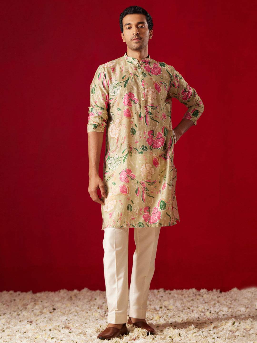 Men's Multicolor Base Beige Cotton Printed Kurta Pant Set