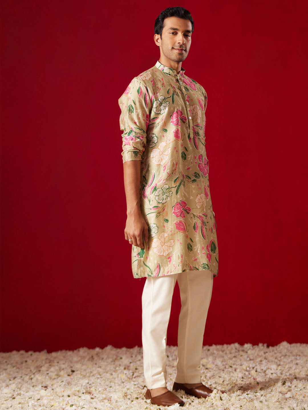 Men's Multicolor Base Beige Cotton Printed Kurta Pant Set