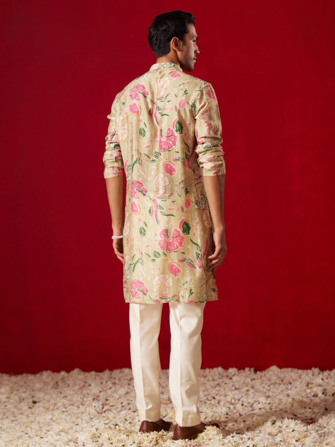 Men's Multicolor Base Beige Cotton Printed Kurta Pant Set