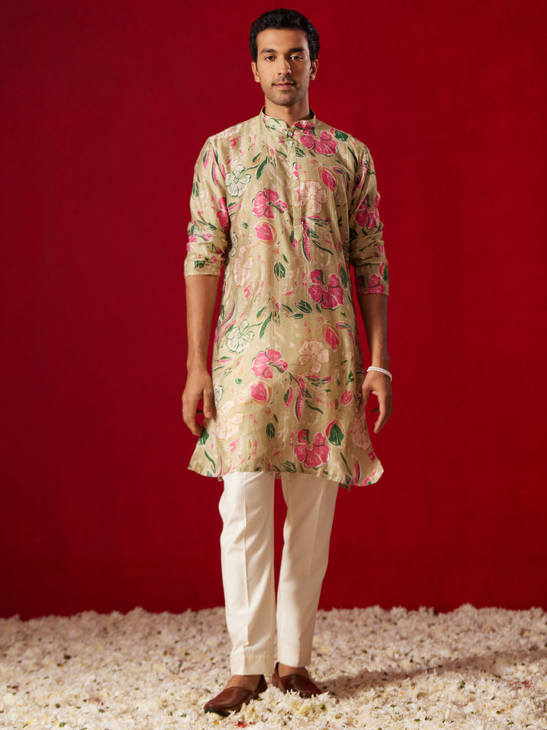 Men's Multicolor Base Beige Cotton Printed Kurta Pant Set