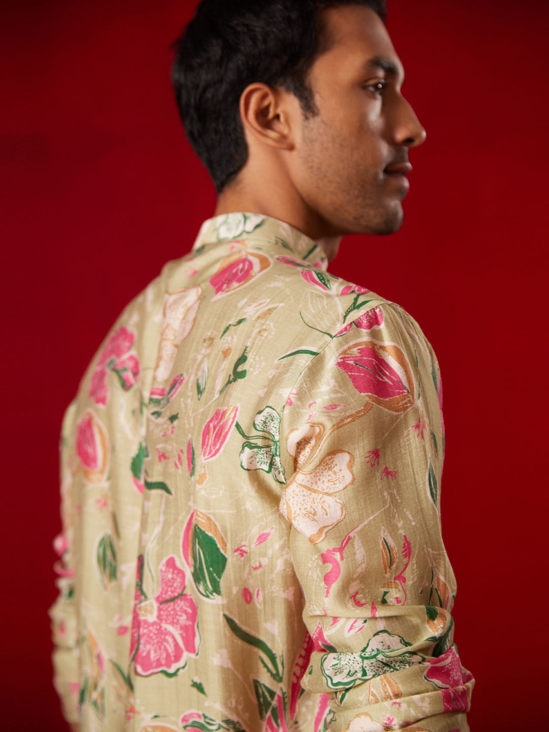 Men's Multicolor Base Beige Cotton Printed Kurta Pant Set