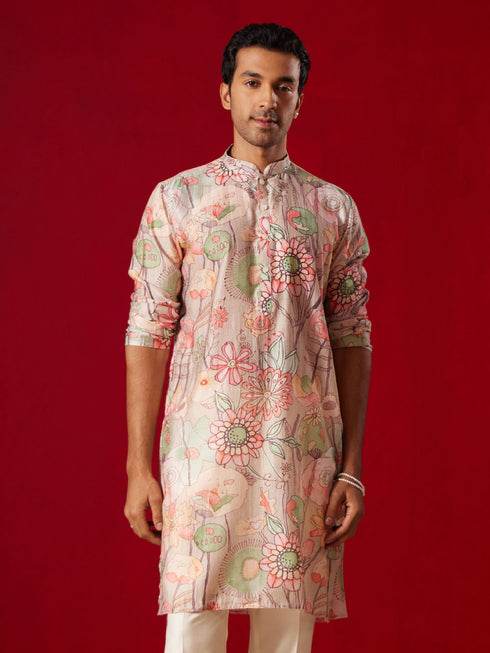 Men's Multicolor Base Peach Cotton Printed Kurta