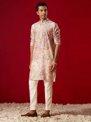 SHVAAS By VASTRAMAY Men's Multicolor base Peach cotton Printed Kurta Pant Set