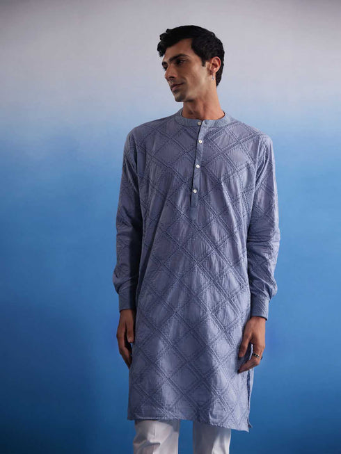Men's Aqua Blue Hakooba Cotton Kurta