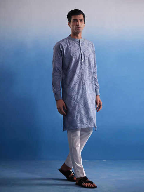 Men's Aqua Blue Hakooba Cotton Kurta