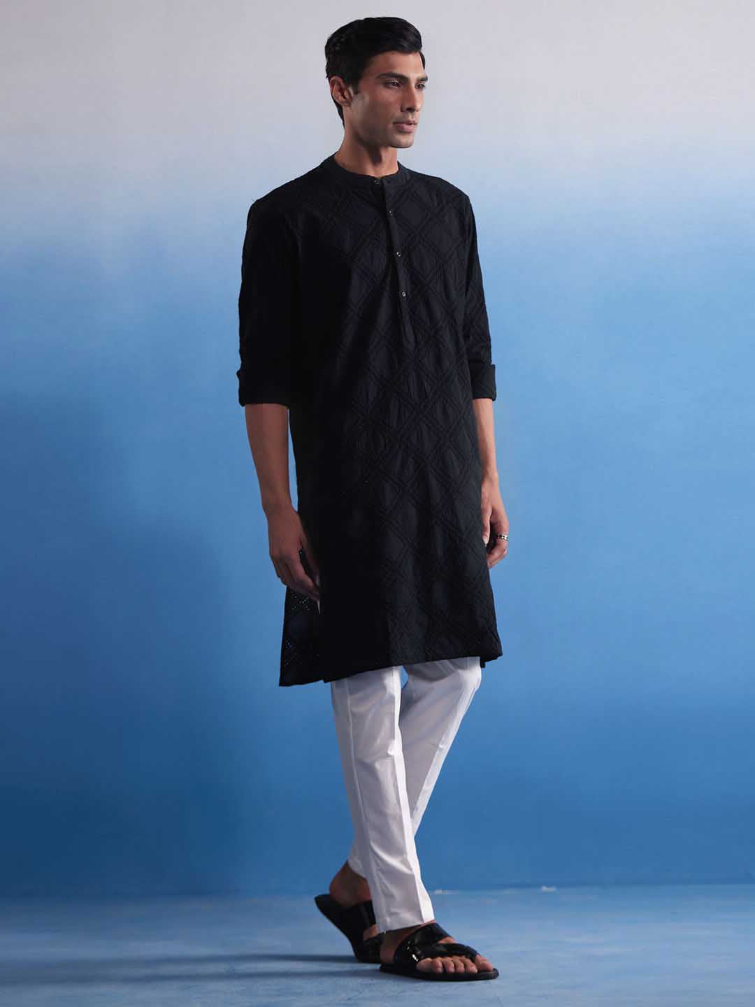 Men's Black Hakooba Cotton Kurta With White Pant