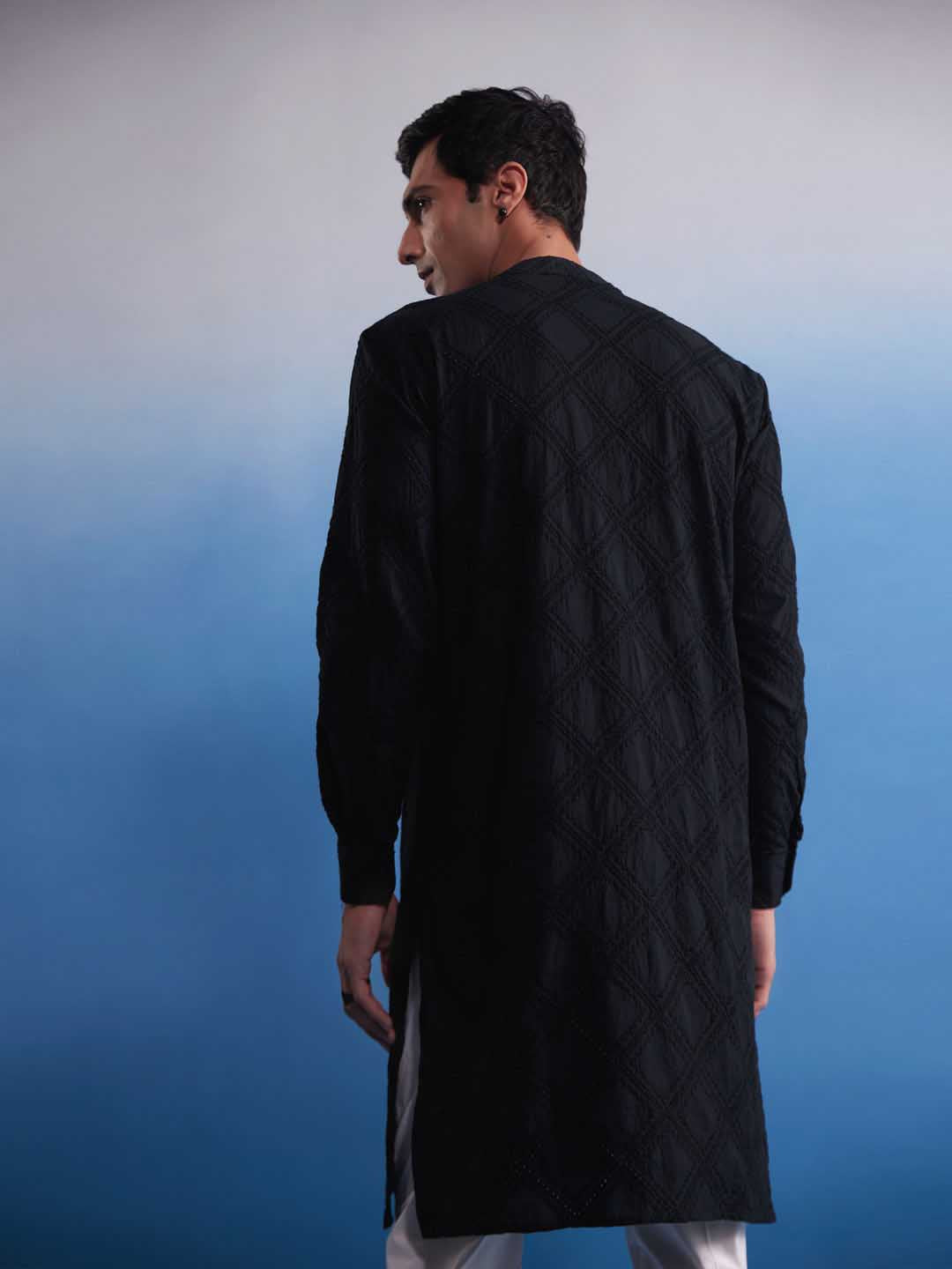 Men's Black Hakooba Cotton Kurta With White Pant