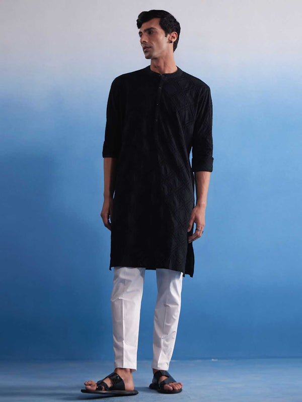Men's Black Hakooba Cotton Kurta With White Pant