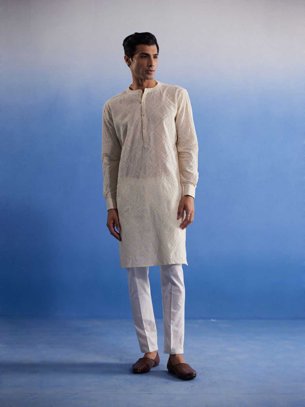 Men's Cream Hakooba Cotton Kurta With White Pant
