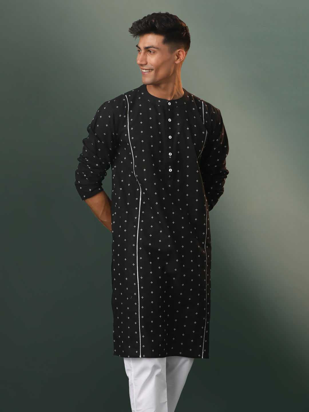 Men's Black Jacquard Cotton Kurta