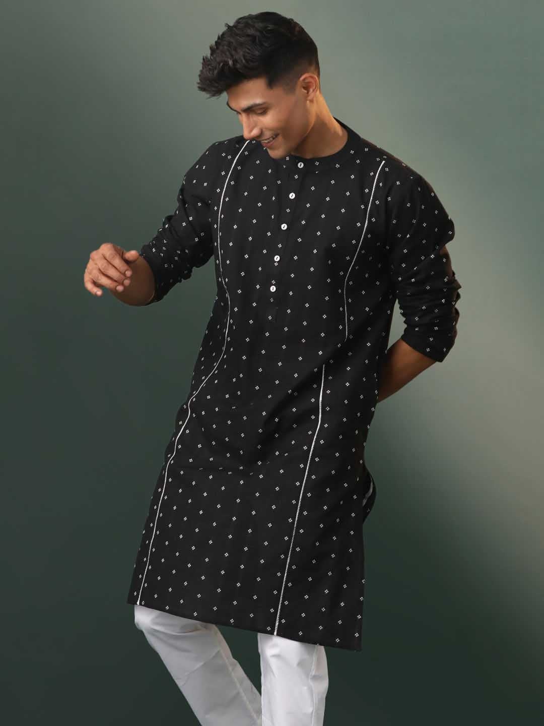 Men's Black Jacquard Cotton Kurta