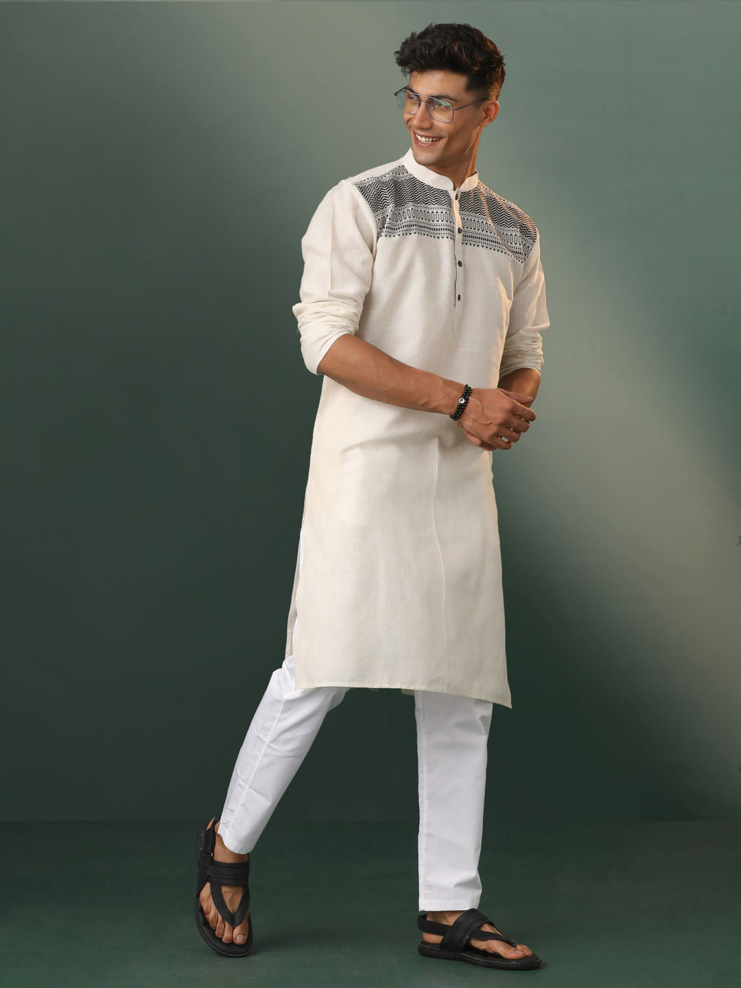 Men's Cream Jacquard Cotton Kurta Pyjama Set