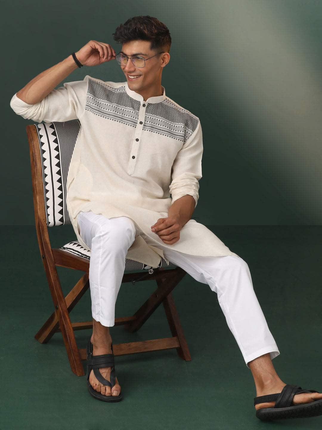 Men's Cream Jacquard Cotton Kurta Pyjama Set