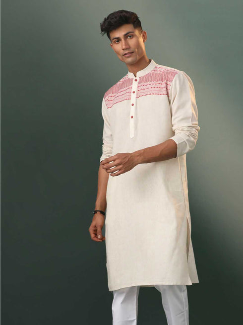 Men's Cream Jacquard Cotton Kurta