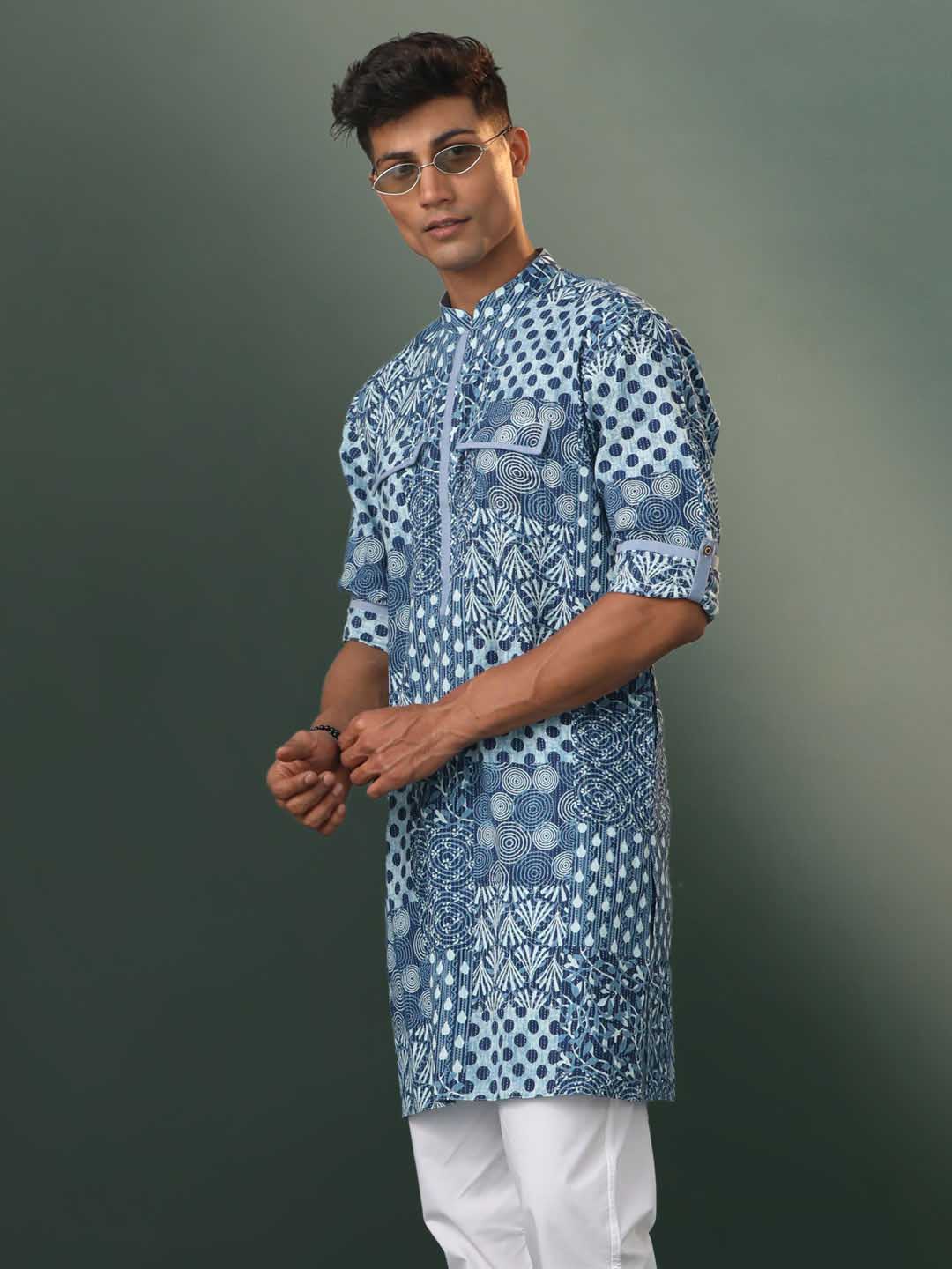 Men's Grey Block Print Cotton Kurta