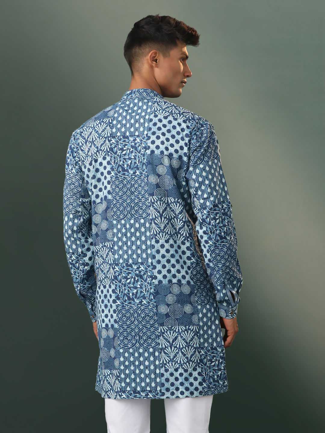 Men's Grey Block Print Cotton Kurta