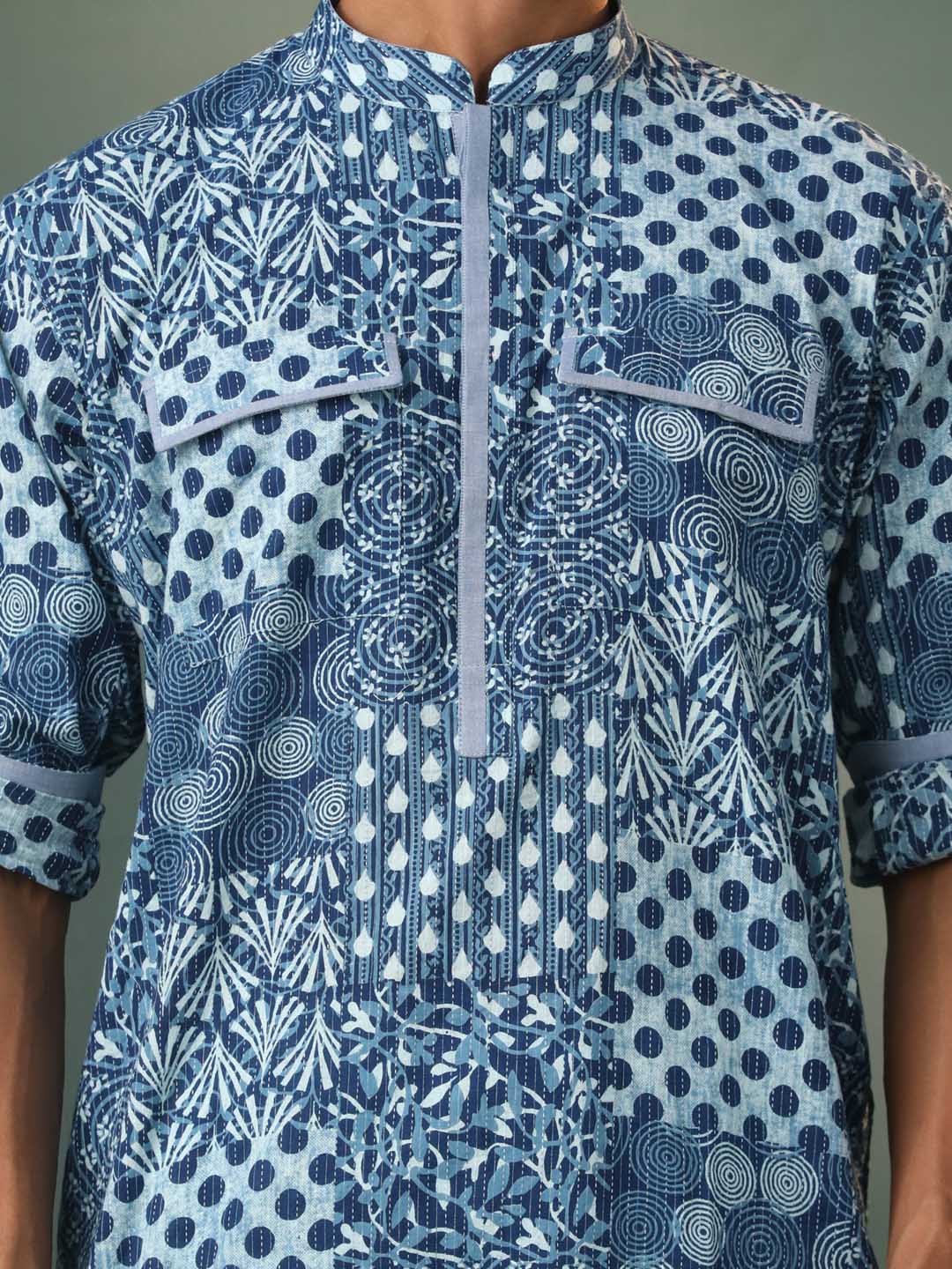 Men's Grey Block Print Cotton Kurta