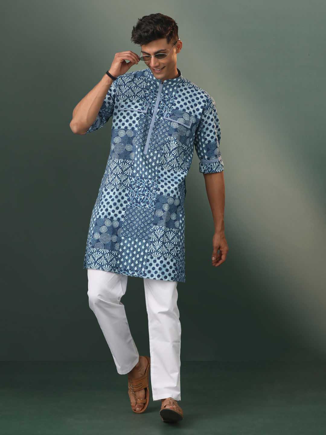 Men's Grey Block Print Cotton Kurta