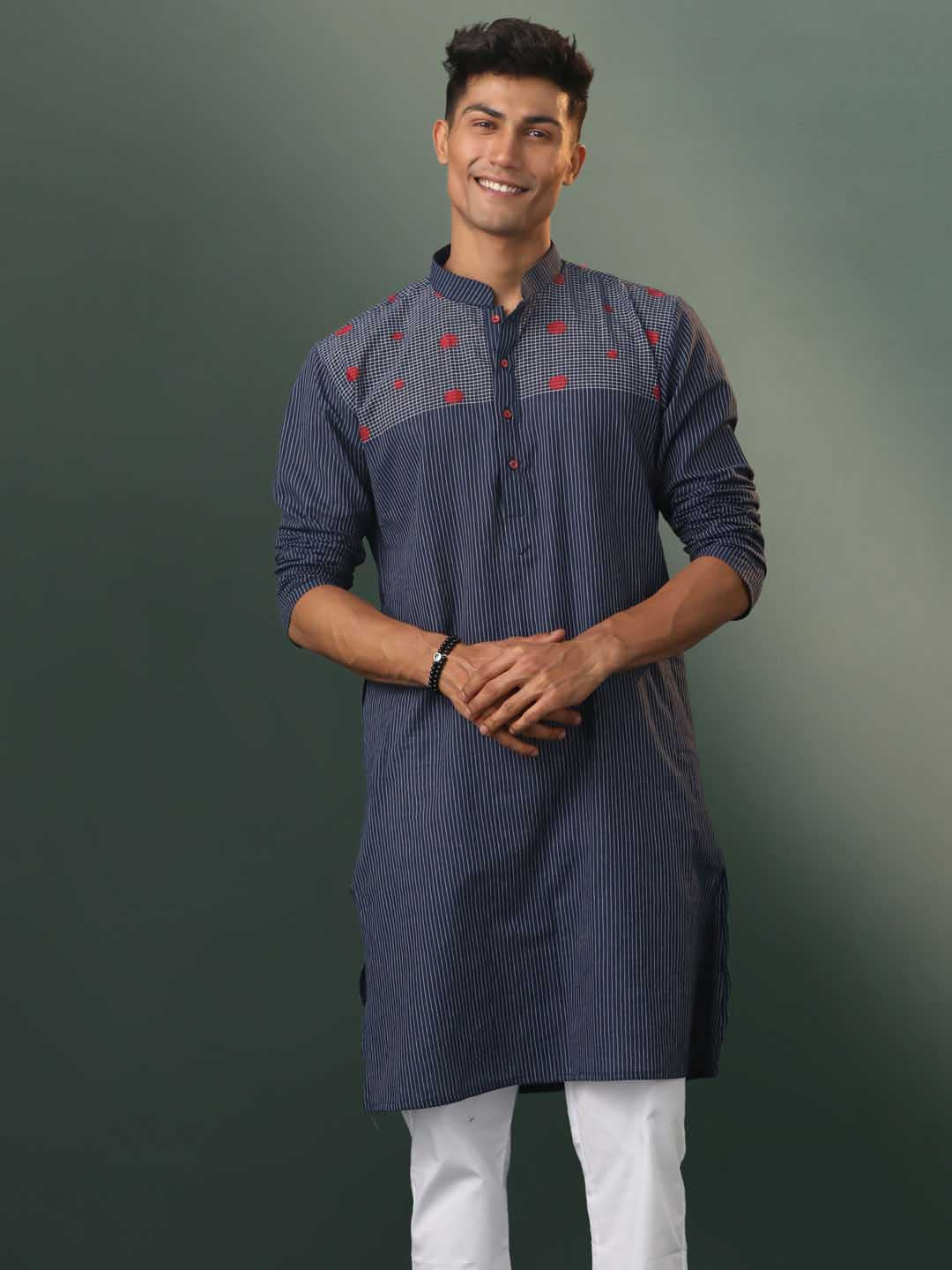 Men's Navy Blue Striped Cotton Kurta