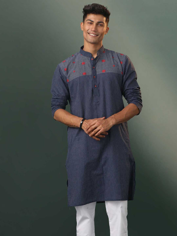 Men's Navy Blue Striped Cotton Kurta