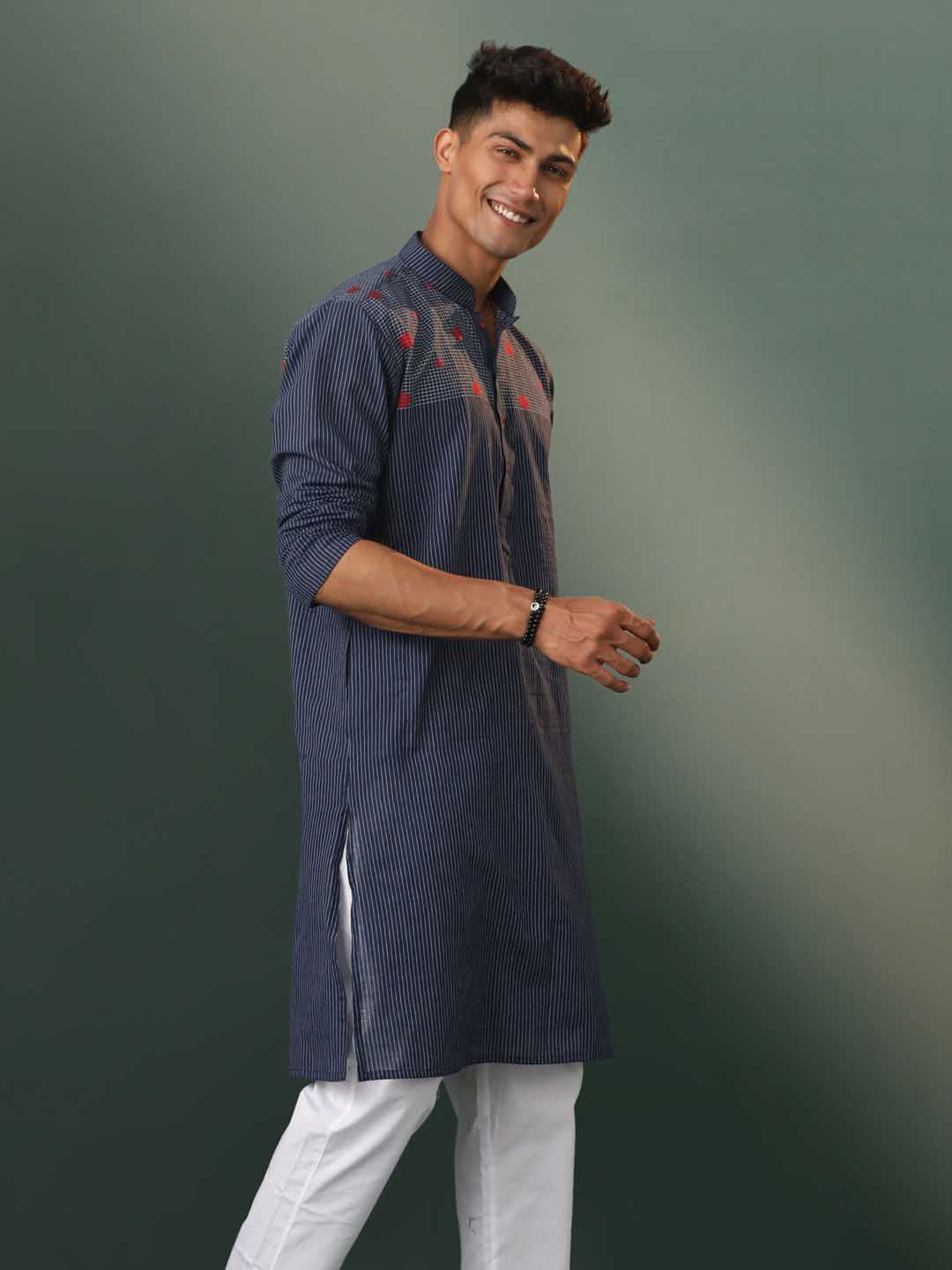 Men's Navy Blue Striped Cotton Kurta