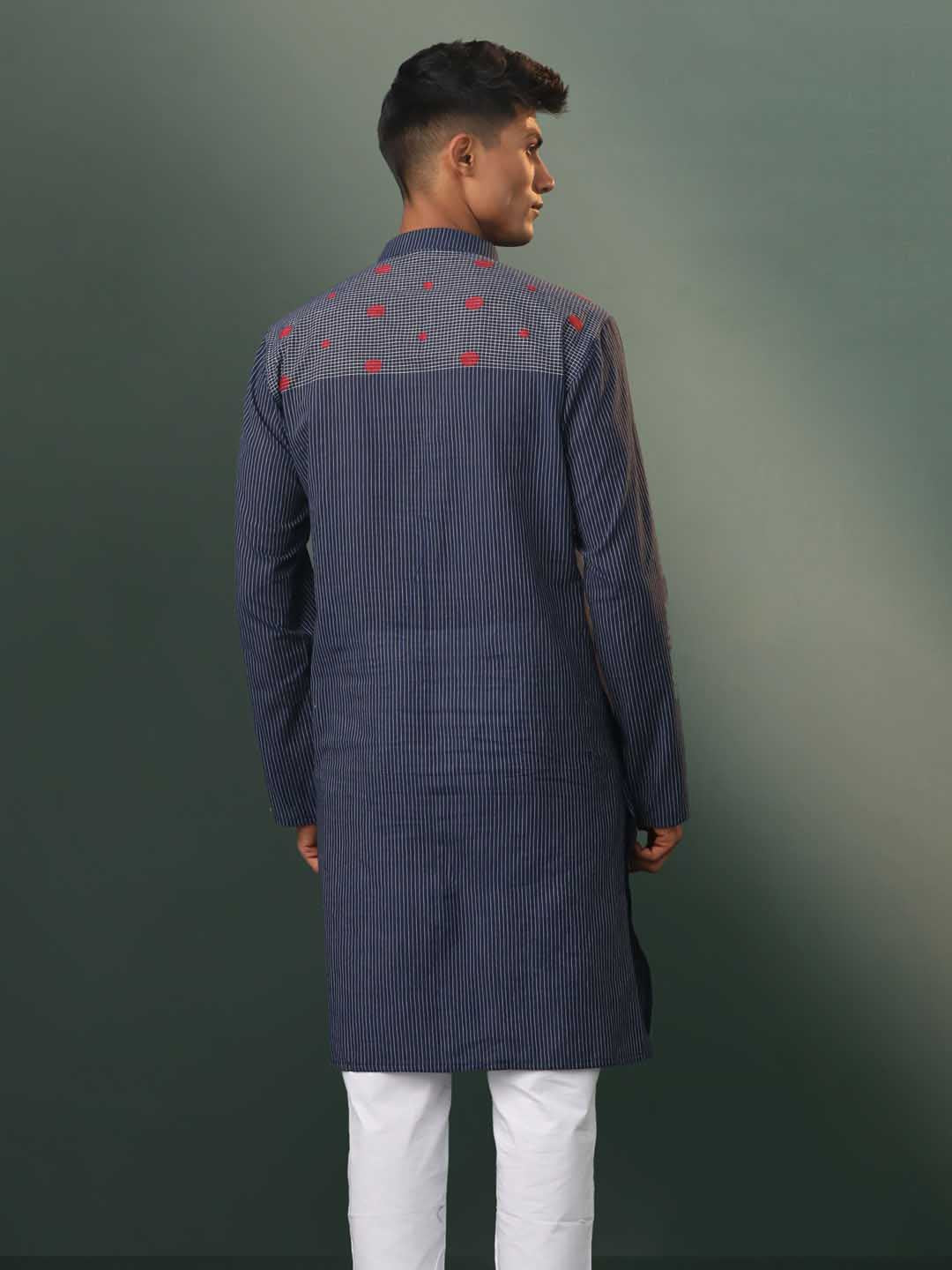 Men's Navy Blue Striped Cotton Kurta